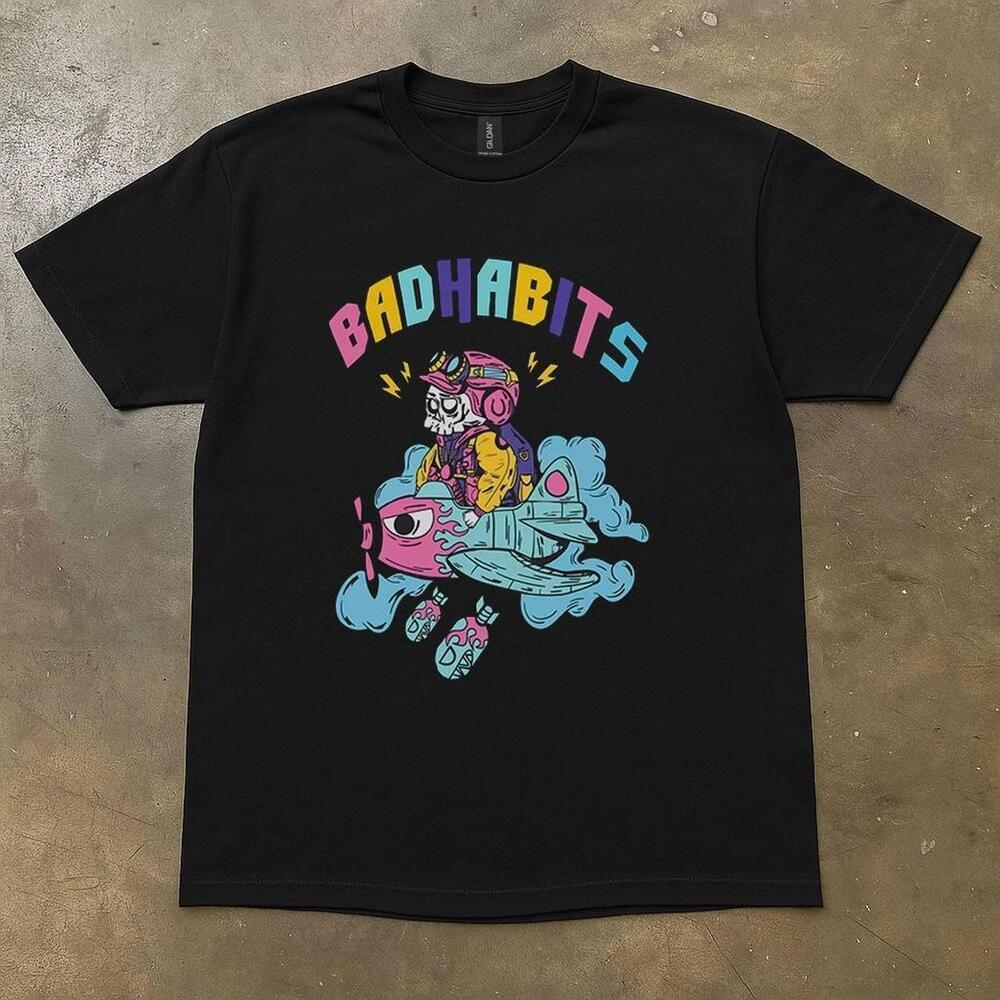 Black Bad Habits Graphic Tee With Bold Multi Coloured Design